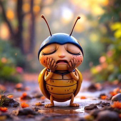 The primary subject of the image is a small yellow and blue insect, possibly a beetle or a ladybug, with a sad or distressed expression. The insect is standing on a damp, leaf-covered ground, which suggests a natural environment. The visual style of the image is a combination of photo and digital art, creating a unique and artistic representation of the insect. The colors and mood of the image are predominantly yellow and blue, with a hint of sadness or concern in the insect's expression